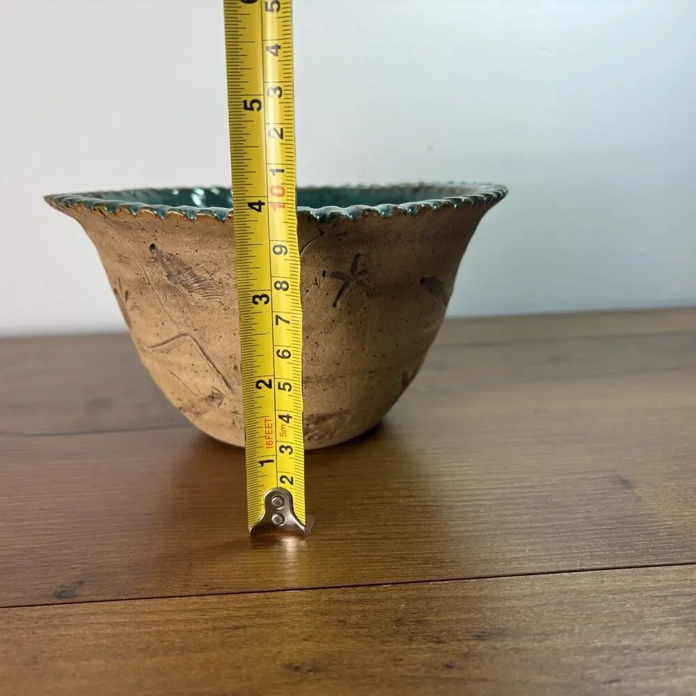 Handmade Artisan Hand Stamped Pottery Nautical Coastal Sea Creature Bowl Teal